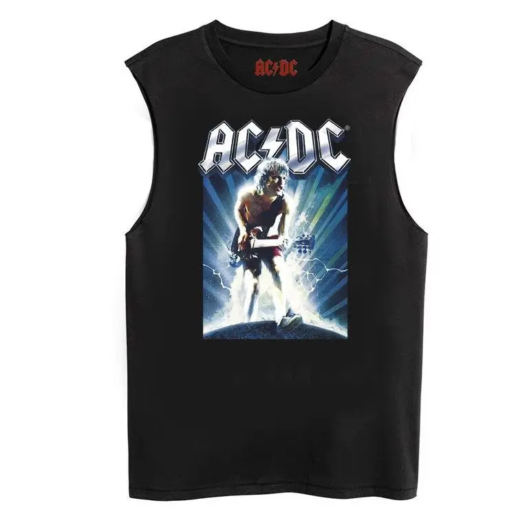 ACDC باند روك بلا أكمام تي شيرت الرجال فضفاض سترة بلا أكمام الشارع الأوروبية والأمريكية الثقيلة القطن الخالص سترة