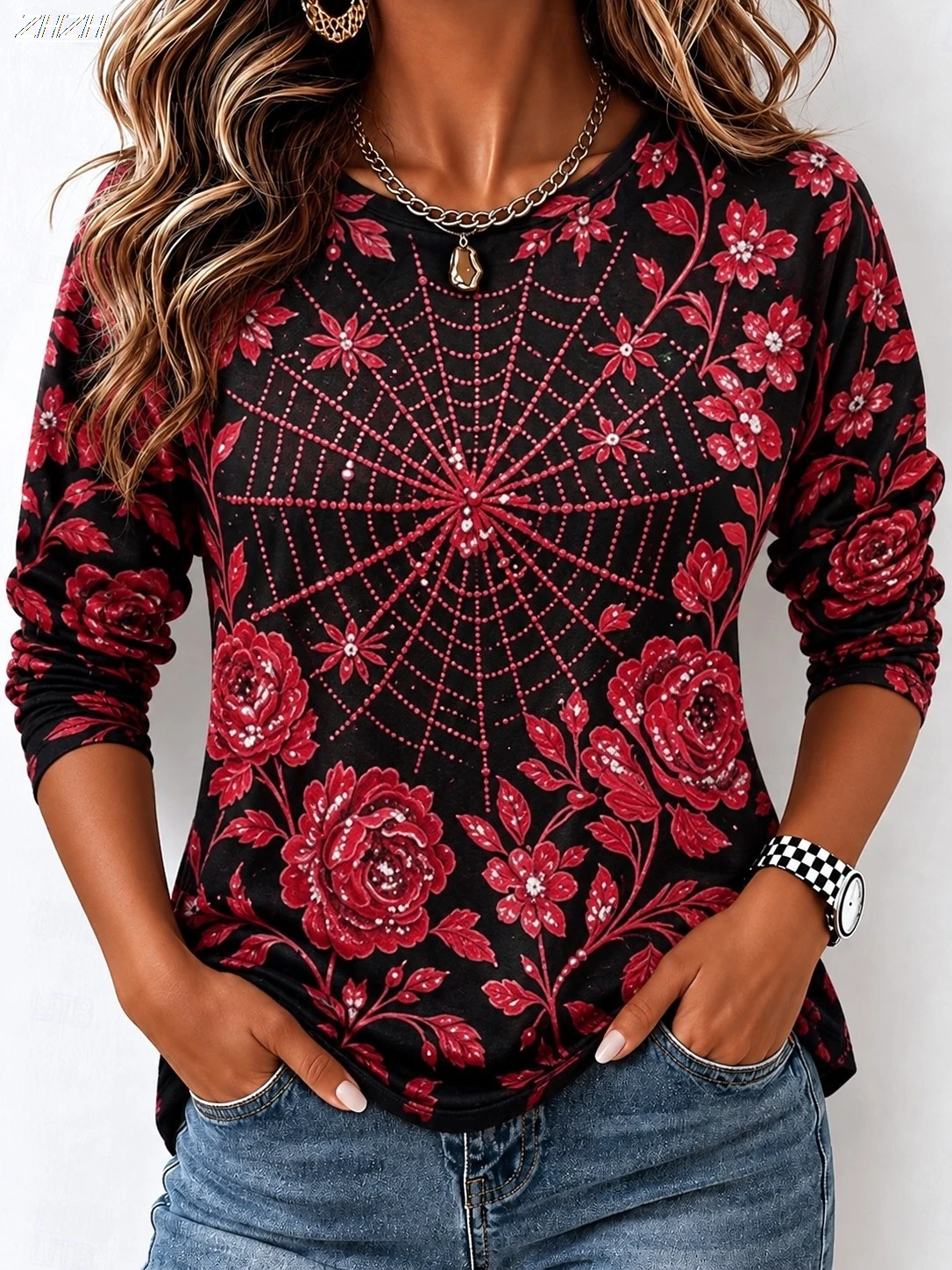 Women Long Sleeve T Shirt Gothic Rose Candle Moon Print Round Neck Casual Tops