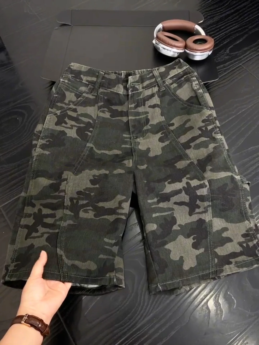 

American Retro Camouflage Denim Shorts Men's Summer Oblique Cut Logging Workwear Design Sensation Sport Five-Point Pants
