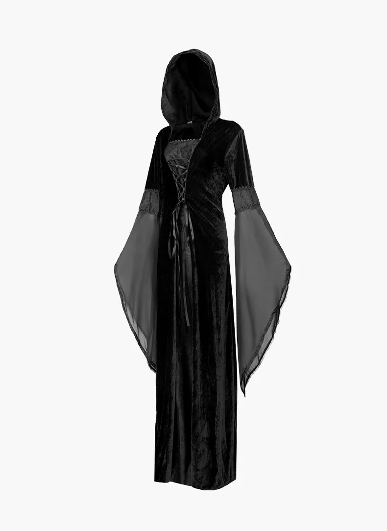 Retro medieval com capuz vestido de veludo emendado cosplay traje para as mulheres roupa halloween carnaval festa vitage roupas role play