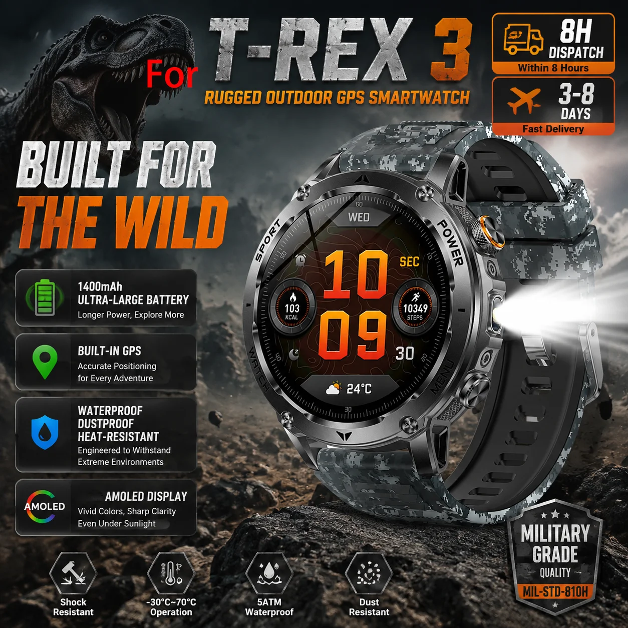 2026 Neue T-Rex3 Max Smartwatch mit großem 1400mAh Akku, GPS-Pfadverfolgung, 5ATM wasserdicht, Sport-Lauftracker, Outdoor-Kompass, Smartwatch Ht22
