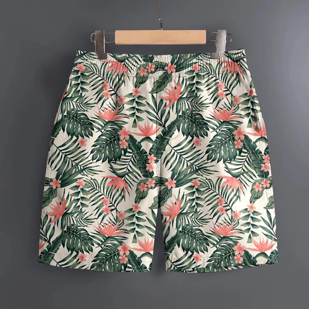 Hot Selling Top Leaf Print Hawaiian Beach Shorts, 3D Pattern Quick Dry Shorts for Men Summer Outdoor & Leisure Sports Outings