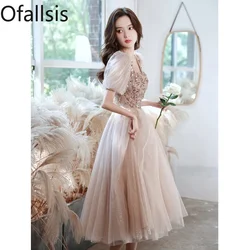 Ofallsis Champagne Colored Sequins Evening Dress Female New Banquet Temperament Vocal Art Exam Host Birthday Party Dresses