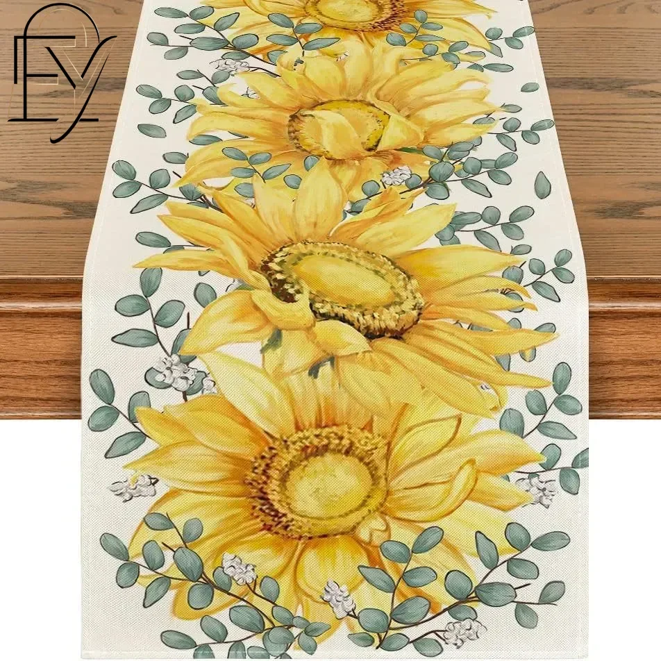 Sunflower Table Runner Eucalyptus Leaf Linen Tablecloth Watercolor Yellow Flower Summer Kitchen Dining Room Home Party Decor