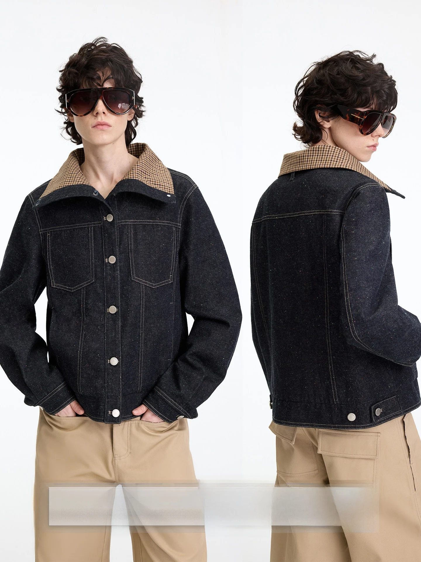 

Retro Faded Plaid Denim Jaet Women's Spring Autumn Color Dot Collar Jaet Cotton Outerwear Long Sve Regular Fit