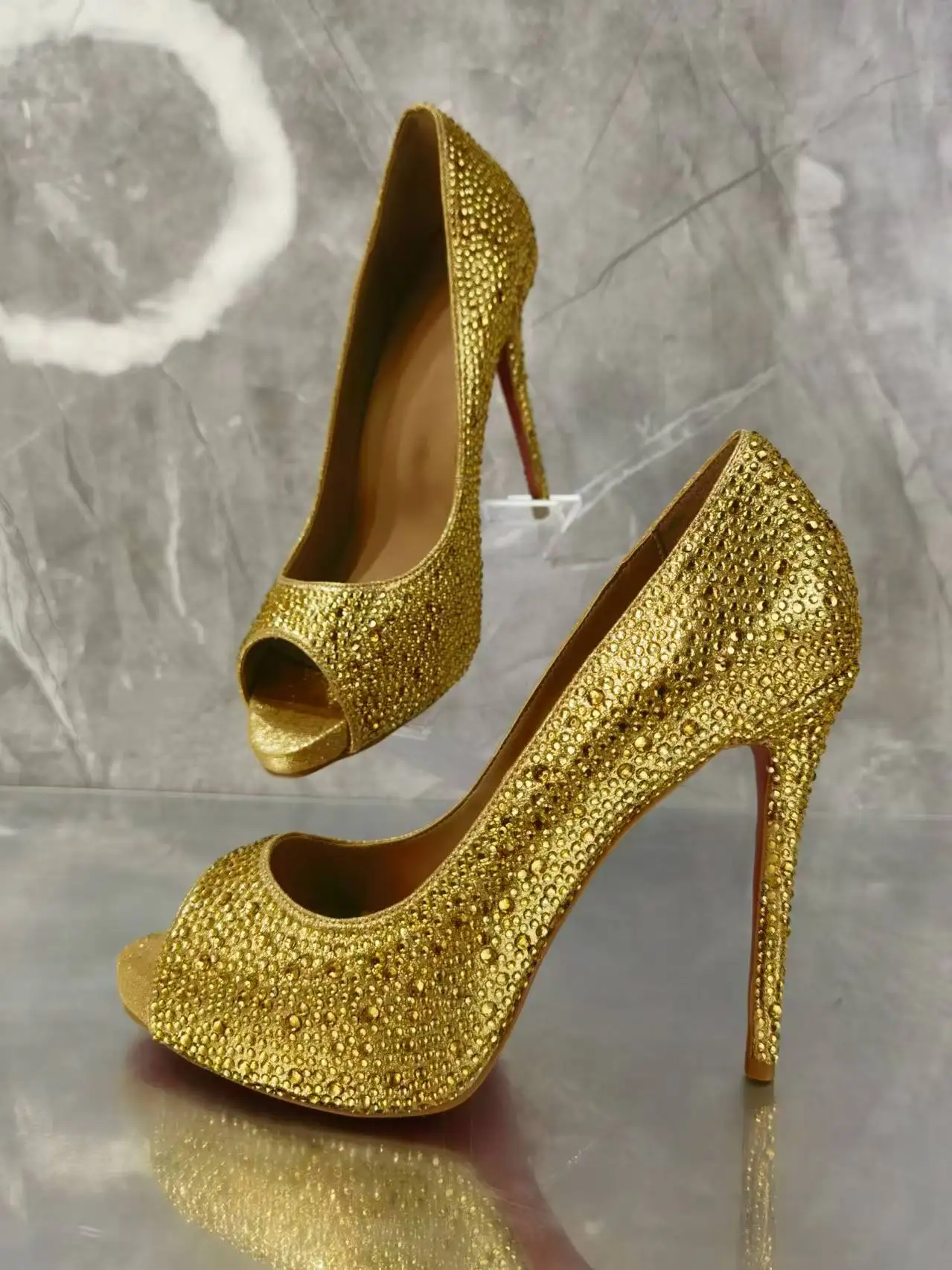 

Rhinestone Gold Peep Toe High Heels Slip-On Stiletto Sandals Sexy Dinner Party Women Shoes Sandalias Mujer Verano