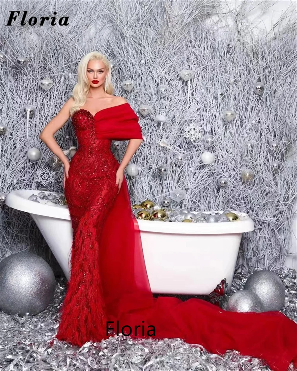 Floria Luxury Red Mermaid Pearls Evening Dresses Long Train Beading Formal Prom Dress Dubai Design Party Dress For Wedding Guest