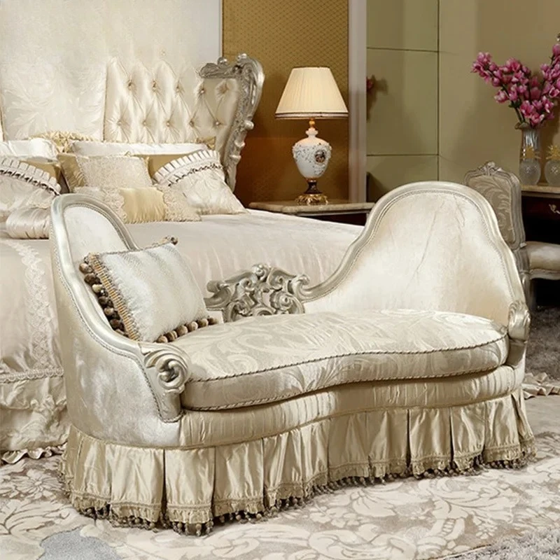 

European-style bedroom furniture, solid wood hand-carved luxury fabric chaise longue, bedside stool R