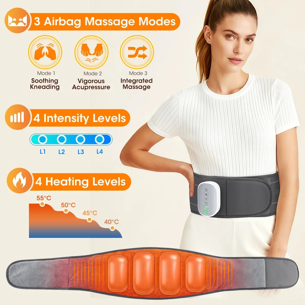 Air Compression Lower Back Massager Heated Lumbar Support Belt 3 Mode 4 Heat Level Hot Compress Waist Massage Rechargeable