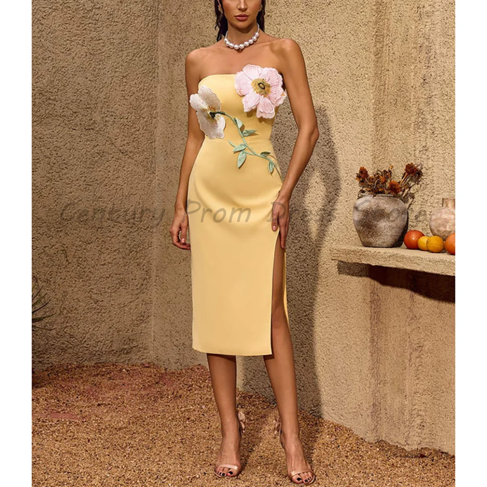

Yellow Strapless Bandage Dress, Women's 3D Floral Applique Split Thigh Mermaid Party Dress New Luxury Club Night Out Gown