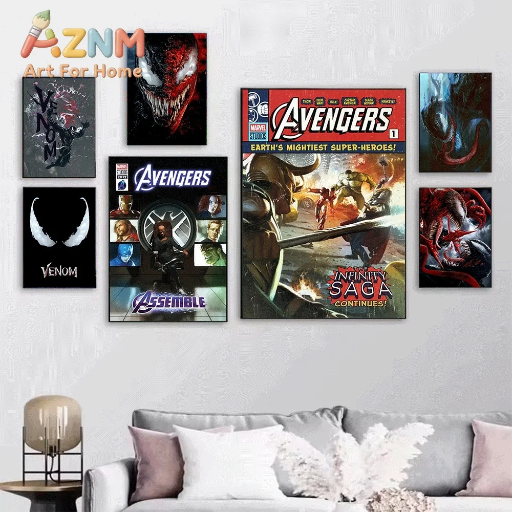 2D Flat Posters & Prints,Black Panther Venom Avengers Marvel Infinity Saga Comic Canvas Wall Art,2D Flat Frameless Print,Home