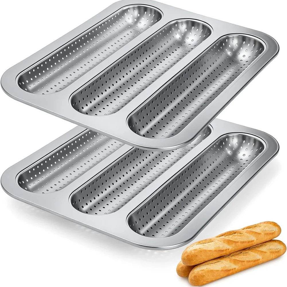 2pcs Nonstick Bread Pan 3-Grid Carbon Loaf Pan for For FRENCH Bread Baking Kitchen Use Dishwasher Safe 32x25cm