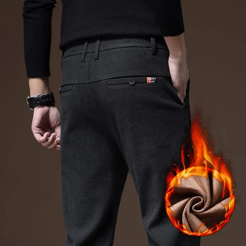 

Winter Fleece Warm Men's Brushed Fabric Casual Pants Outdoors Business Thick Velvet Cotton Flocking PlushTrousers Male 28-38