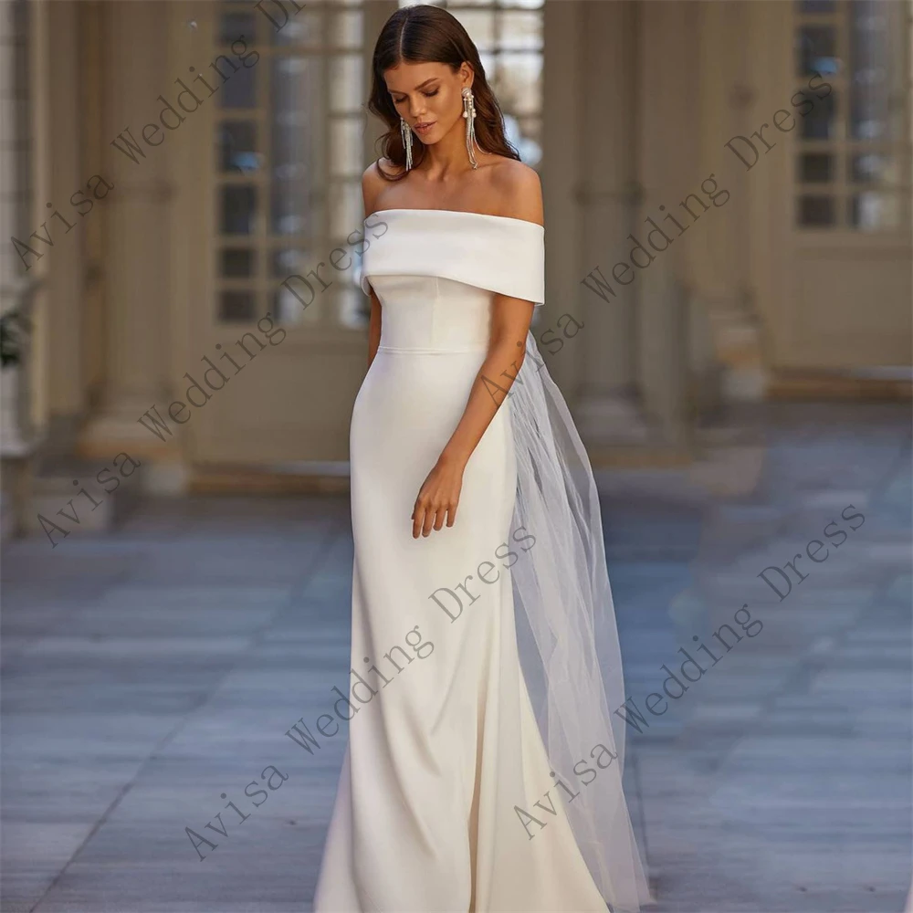 Vestido de novia de sirena con hombros descubiertos, traje elegante sin mangas, con cola de barrido de crepé, minimalista, para fiesta