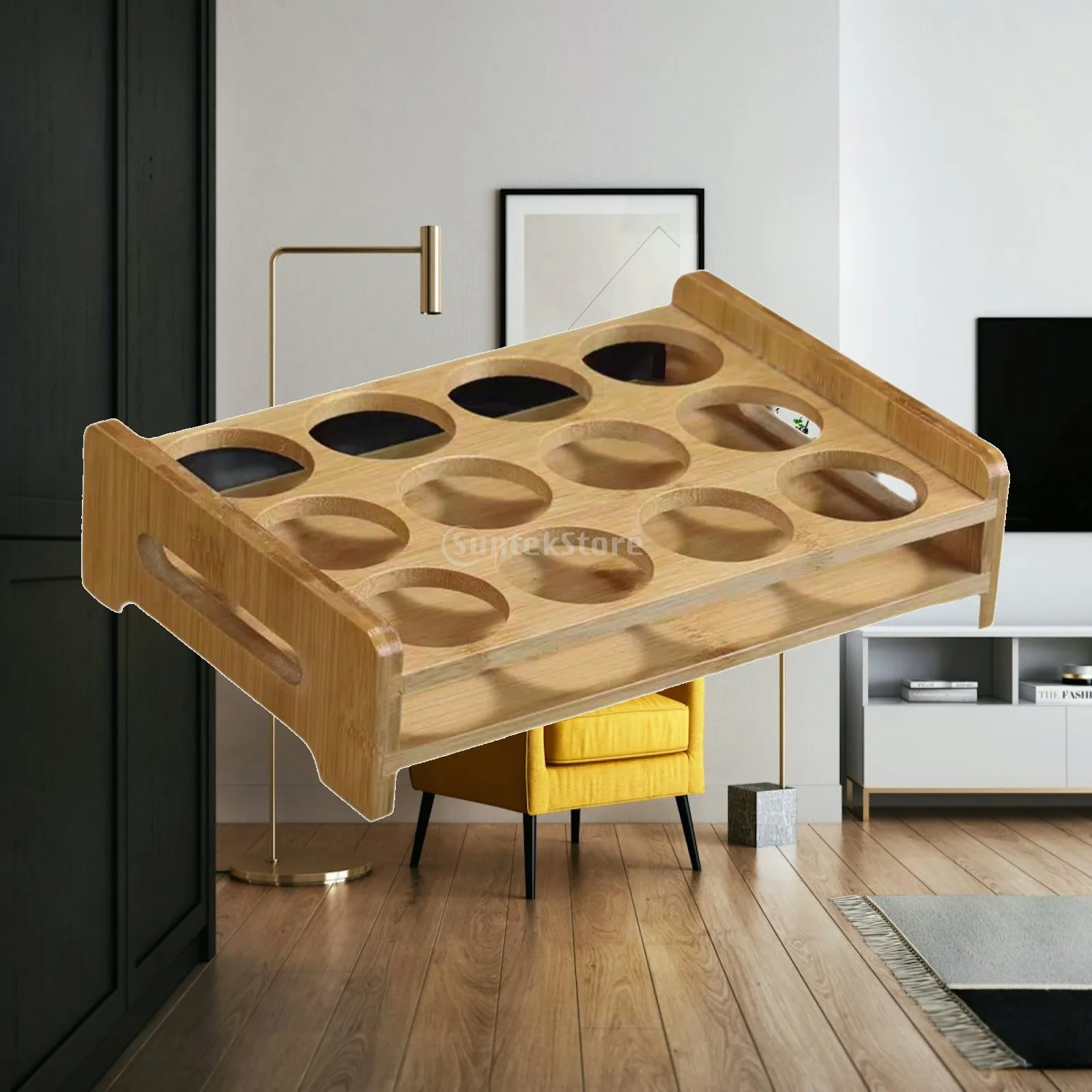Plateau de service et présentoir à verres en bambou à 12 emplacements pour bar, armoire, boîte de nuit et maison