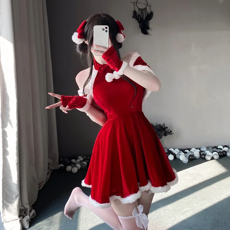 2025 عيد الميلاد النساء فستان عيد الميلاد مثير سيدة سانتا كلوز تأثيري حلي مثير الملابس الداخلية الشتاء فستان أحمر الأرنب تأثيري الفتيات موحدة
