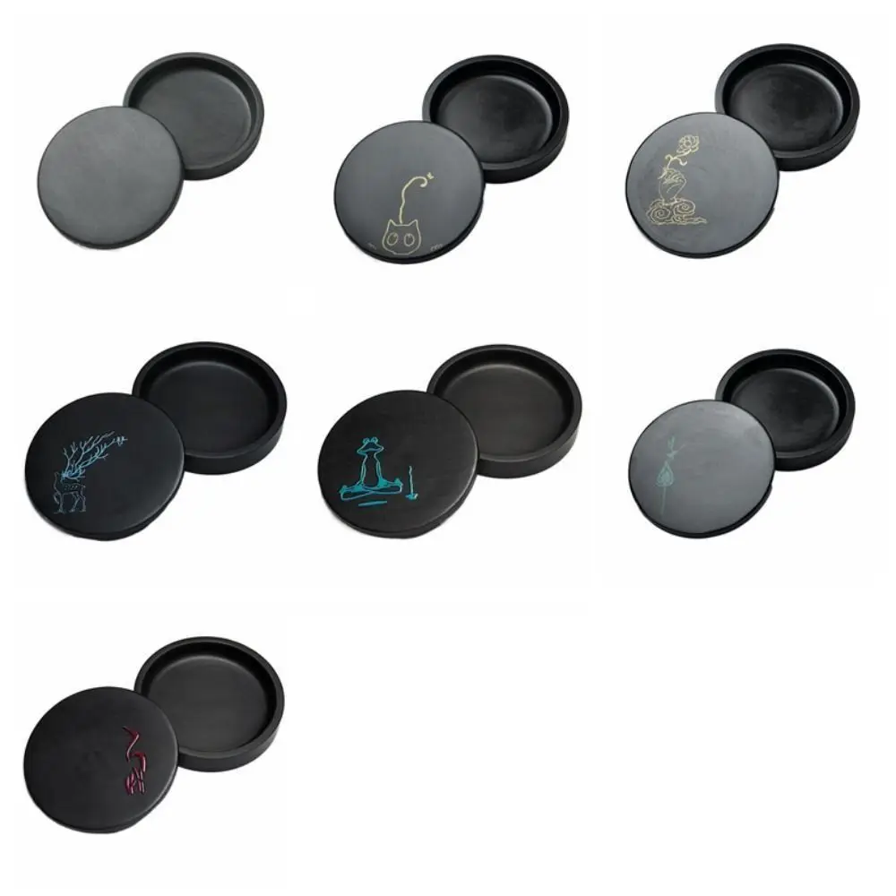 Professional Traditional Calligraphy Inkstone Durable Round Calligraphy Inkwell Black Art Supplies Ink Stone for Artists