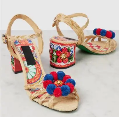 New Women Apricot Braided Leather Ankle Strap Summer Sandals 6 CM Square Heel Pompom Decor Flower Print Party Sandals Shoes Lady