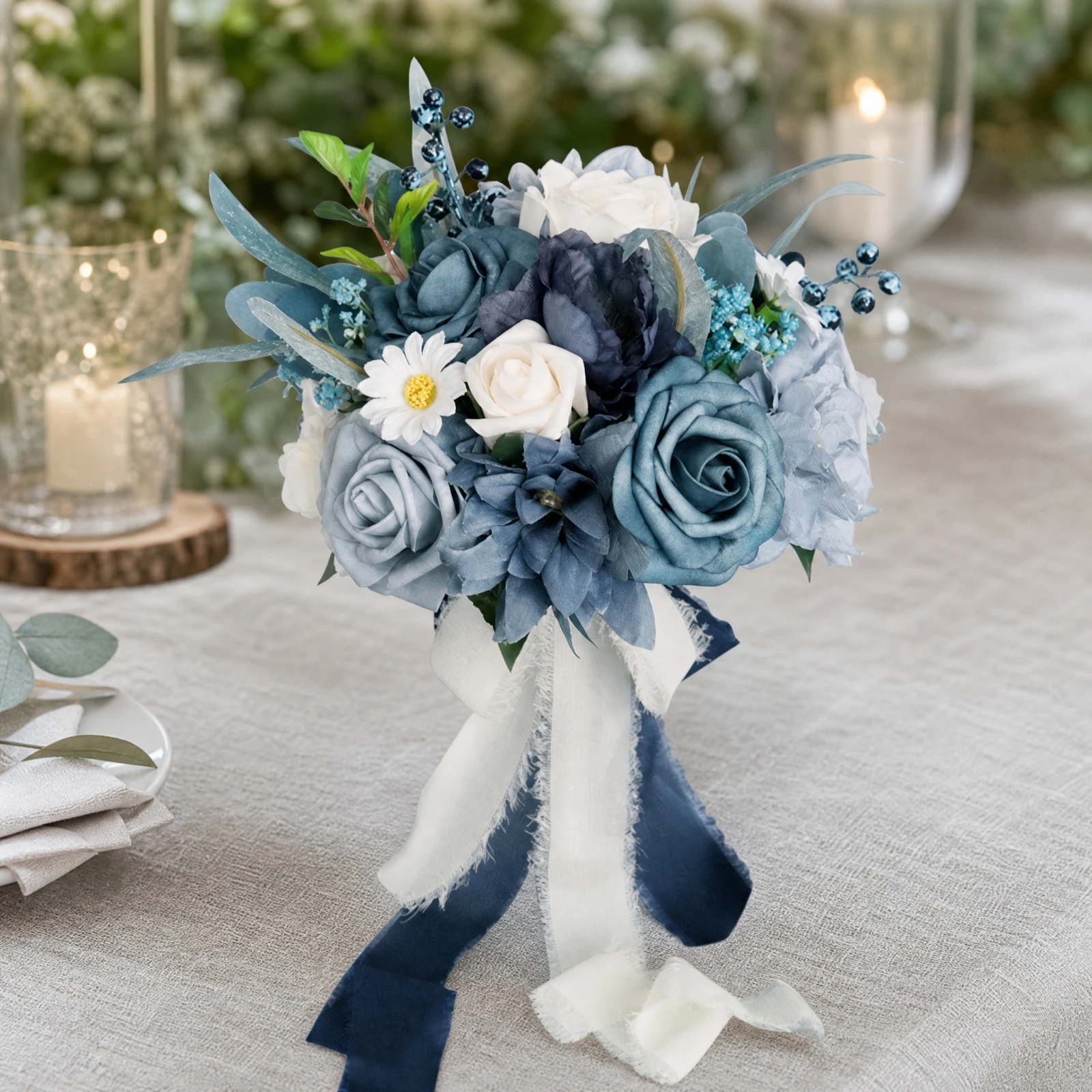 Artificial Bridal Bouquet with Ribbons Realistic Handheld Wedding Bouquet Photo-Ready Romantic for Brides, Home Display