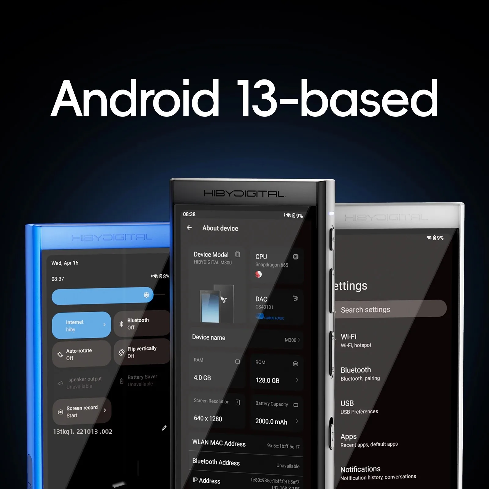 HiBy Digital M300 Android 13 Music Player MP3 HiFi Audio Bluetooth WiFi DSD256 FM Radio Dual Mic Built-in Speaker IPS 29hr 128GB