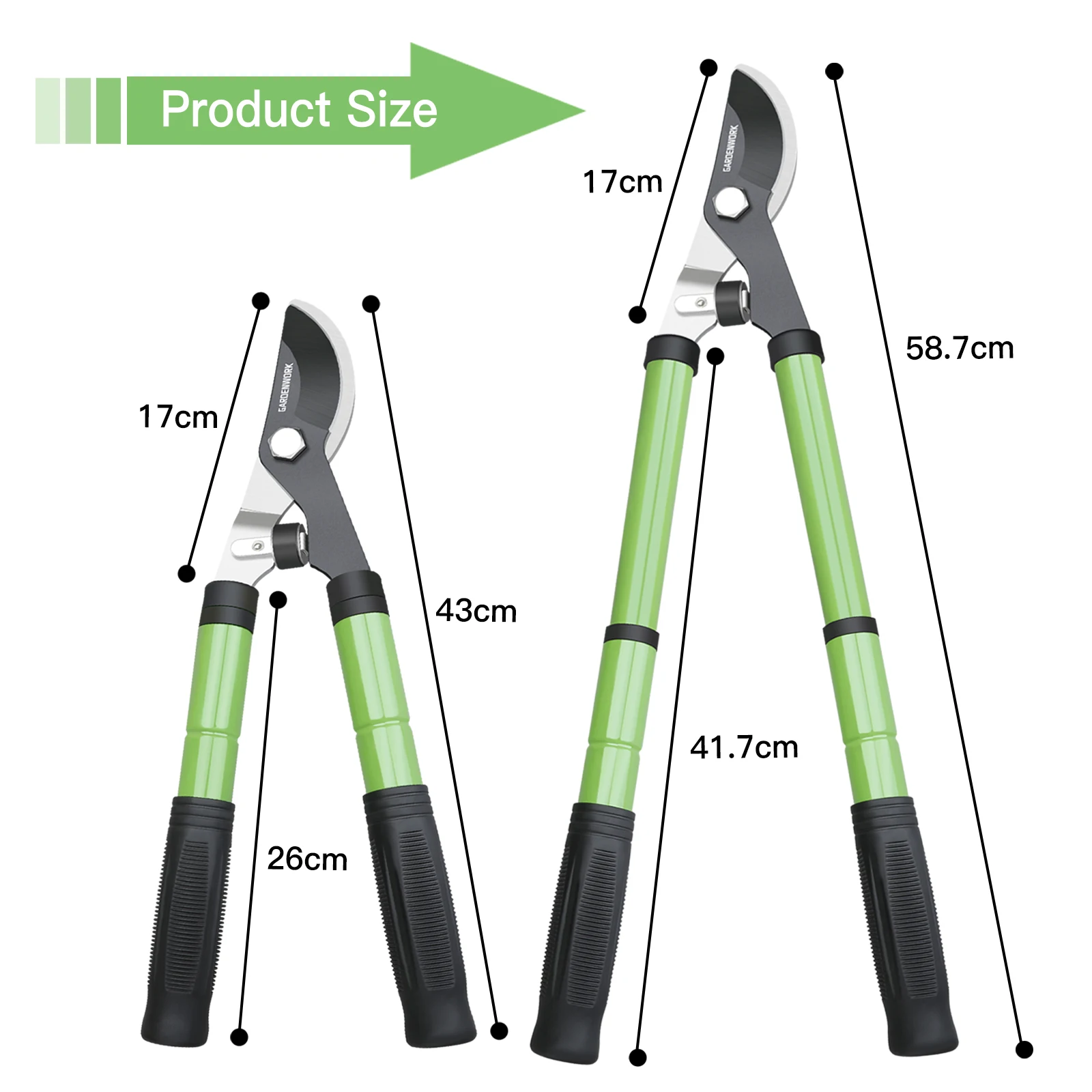 GARDENWORK Telescopic Loppers for Gardening,43-58cm Extendable Rubber Handles,Bypass Lopper with SK5 Alloy Blades