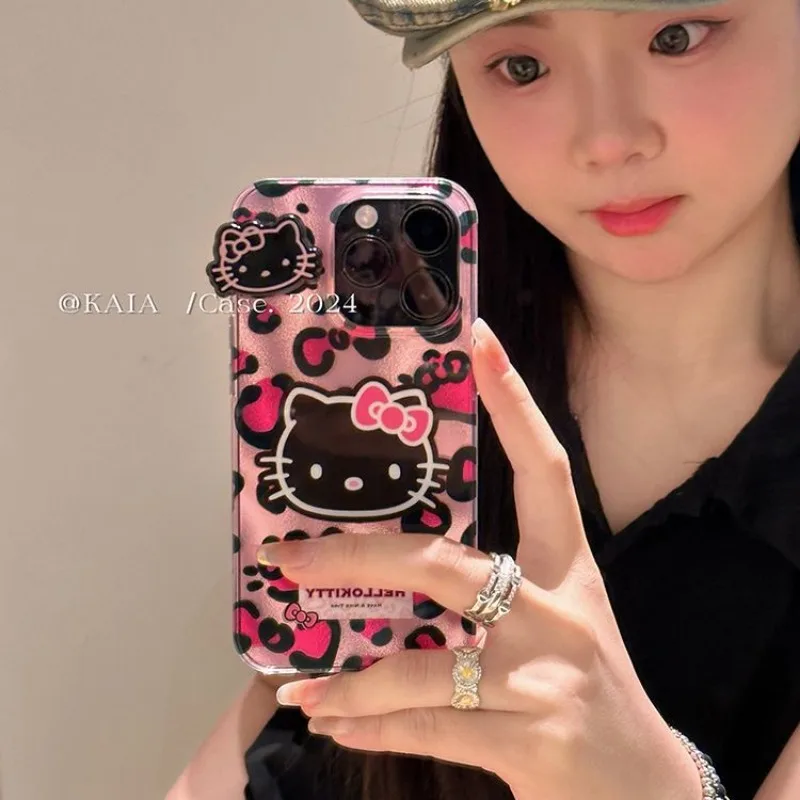 HelloKitty Bow Mobile Phone Case Pink Leopard Print For iPhone16 15 14 13 12 11 Pro Max XR XS 7 8 Plus Silicone Laser Covers Y2K