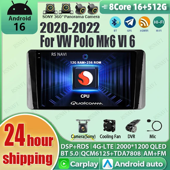 

Android 16 Carplay Auto 2K Screen Car Radio BT Multimedia Player For Volkswagen Polo Mk6 VI 6 2020 - 2022 2 din Autoradio Stereo