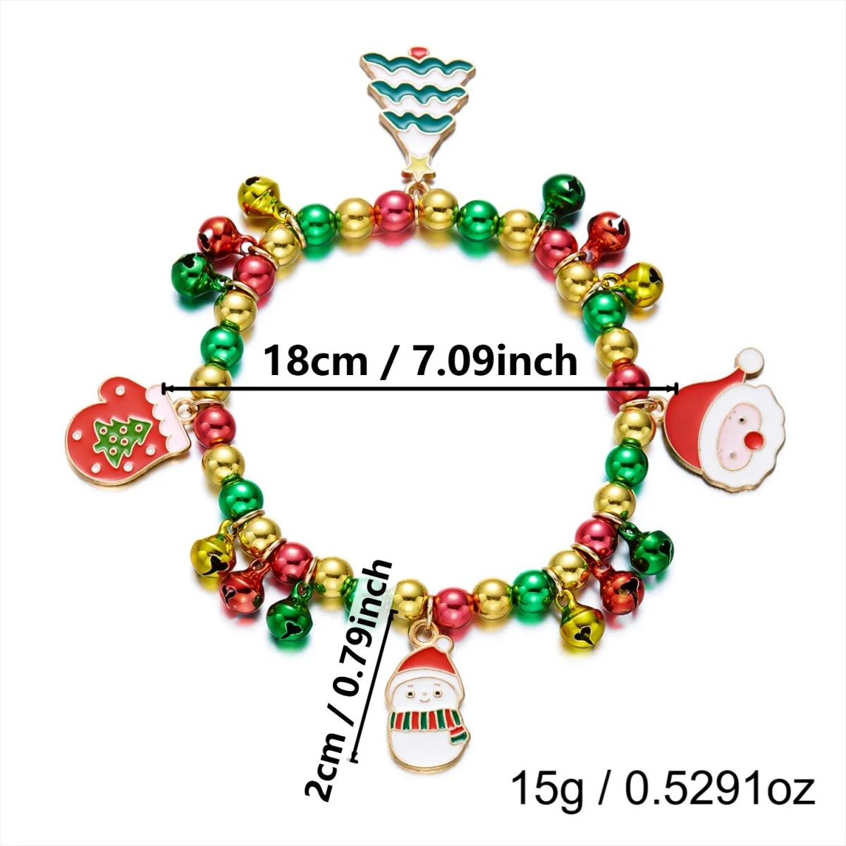 Weihnachtsbaum-Schneemann-Zuckerstangen-CCB-Perlenarmbänder für Damen, rot-grün, mit Glöckchen, Rentier, elastischer Armreif, Neujahrs-Schmuck – Detail 4