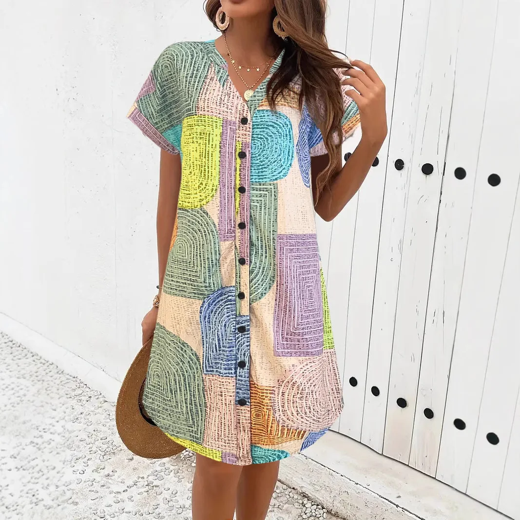 Europeu e americano transfronteiriço verão novo padrão geométrico impressão moda solta com decote em v botão vestido de manga curta