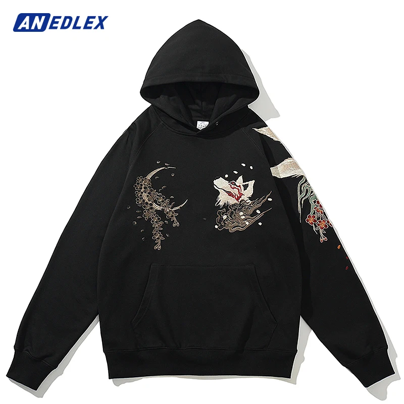 Hip Hop Streetwear Men Hoodie Sweatshirt Embroidery Flower Chinese Kanji Pullover Autumn Harajuku Cotton Hooded Hoodie Black