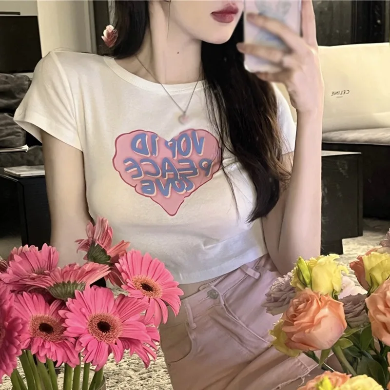 Camiseta con estampado de corazón para mujer, tops cortos de estética Kawaii Harajuku, ropa de calle, camisetas ajustadas, Tops góticos sexys de ombligo corto