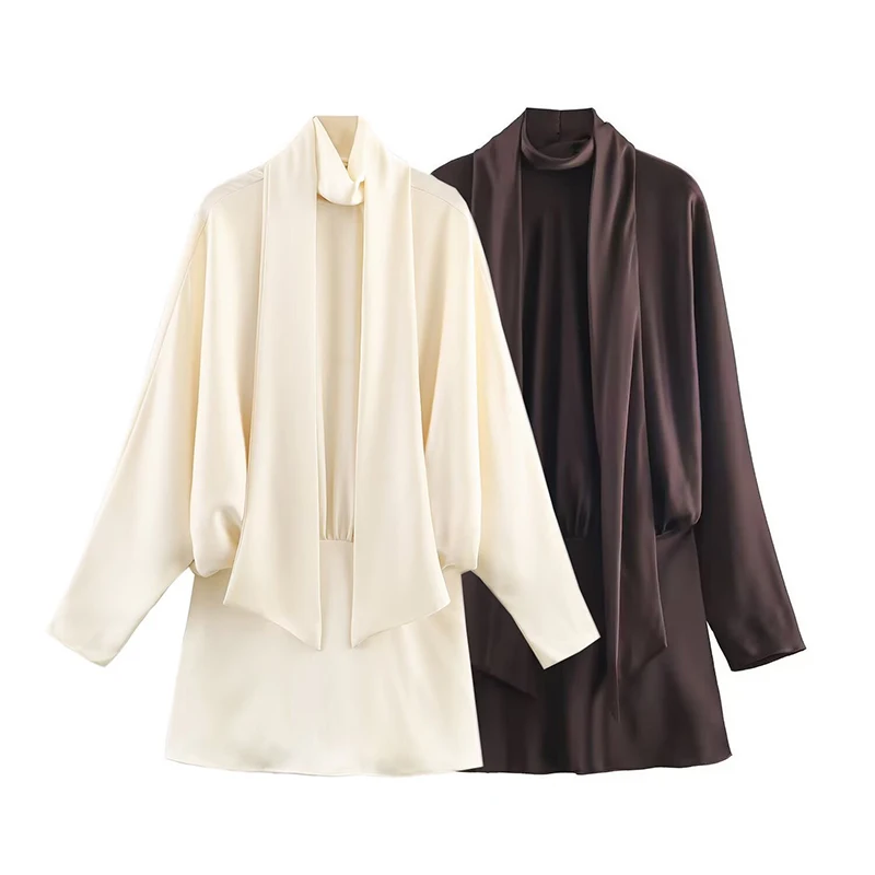 Elegante mini abito in raso per le donne Moda sciarpa colletto manica a pipistrello abito corto Lady 2025 abiti da sera chic per feste autunnali