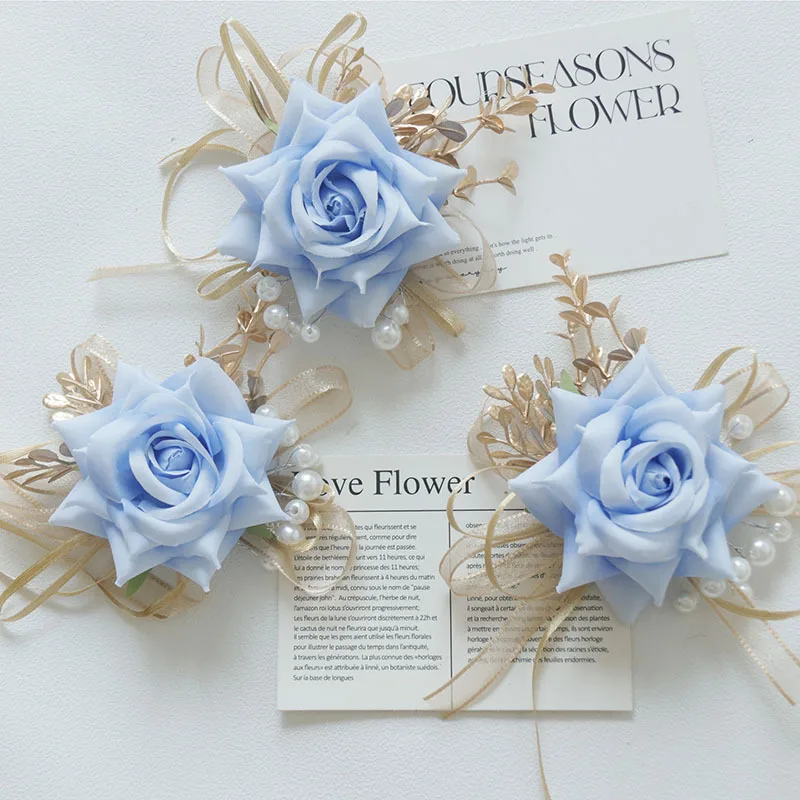 Boutonniere และ Corsage ข้อมืองานแต่งงานช่อดอกไม้ Western สไตล์ประดิษฐ์ Rose เจ้าสาวเจ้าบ่าวเพื่อนเจ้าสาว Man Supplies Blue