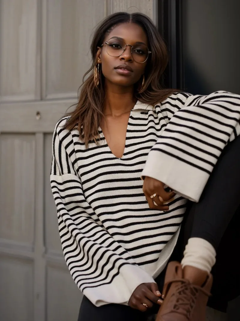 

Casual Loose Black Stripe Polo Neck Knitted Pullover Sweater Autumn/Winter Women's Tops New Polo Neck Long Sleeve Sweater Women