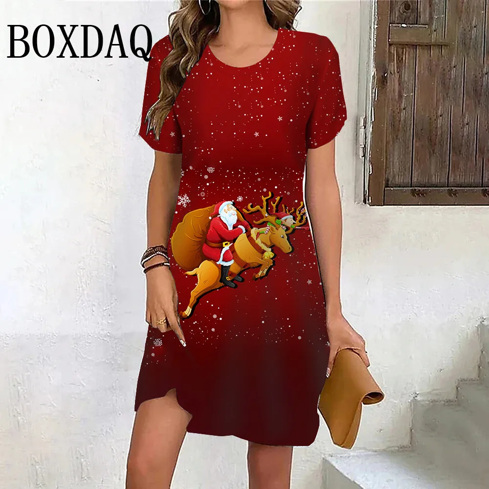 Christmas Party Women's Dress Print Funny Cute Casual Sweet Santa Claus Fashion Short Sleeve Xmas Festival New Year 2024 Dresses