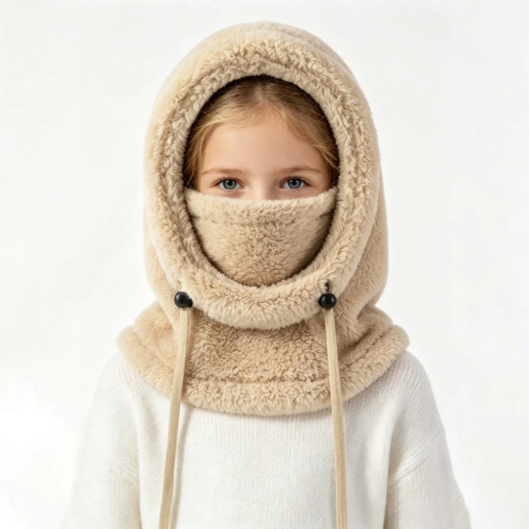 Kids Winter Integrated Hat Scarf Mask Thick Soft Plush Windproof Balaclava Cap 2026 New Solid Color Children Cap
