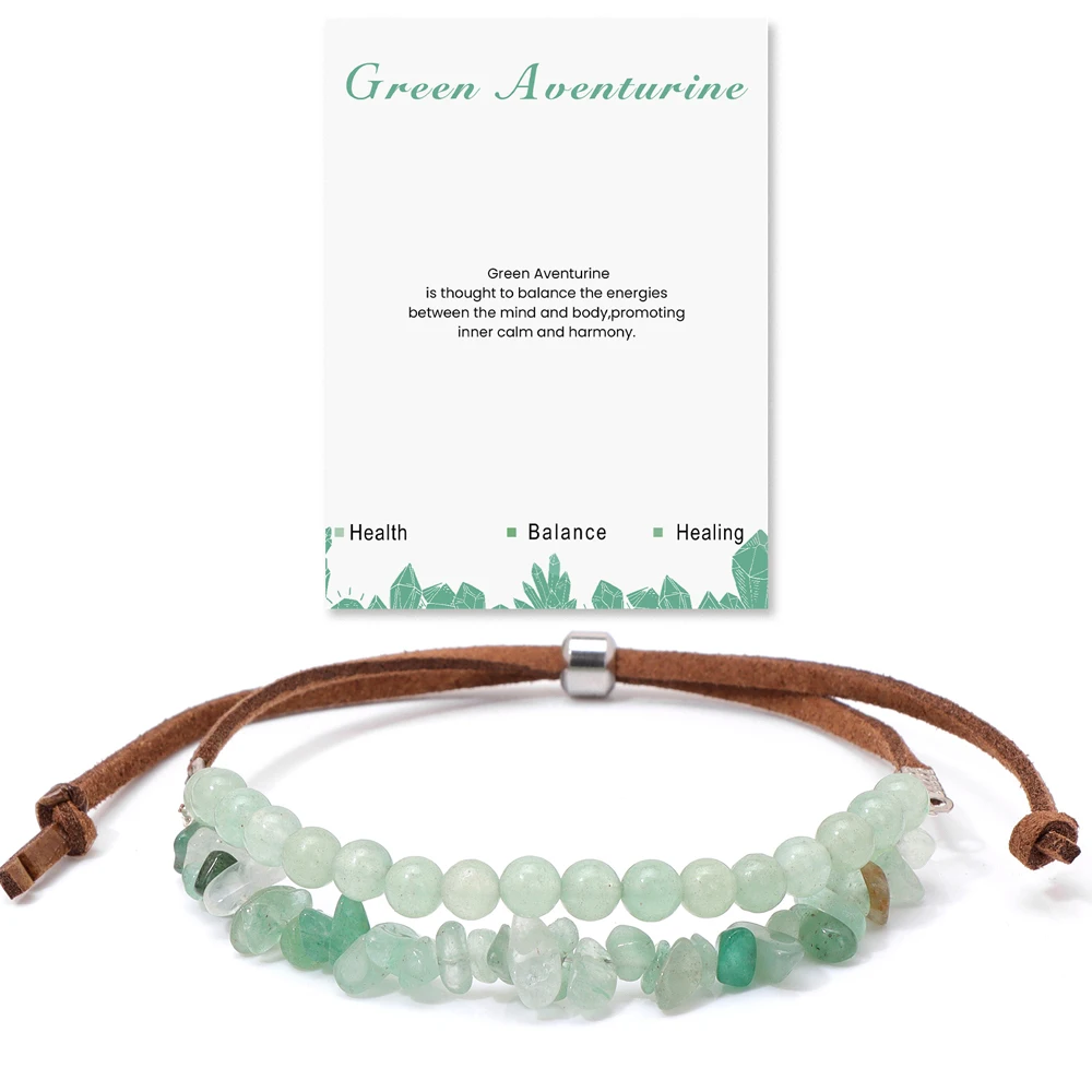 Irregular Green Aventurine Chip Beads Bracelet 4mm Natural Stone Crystal Adjustable Leather Rope Bracelets For Women Men Jewelry