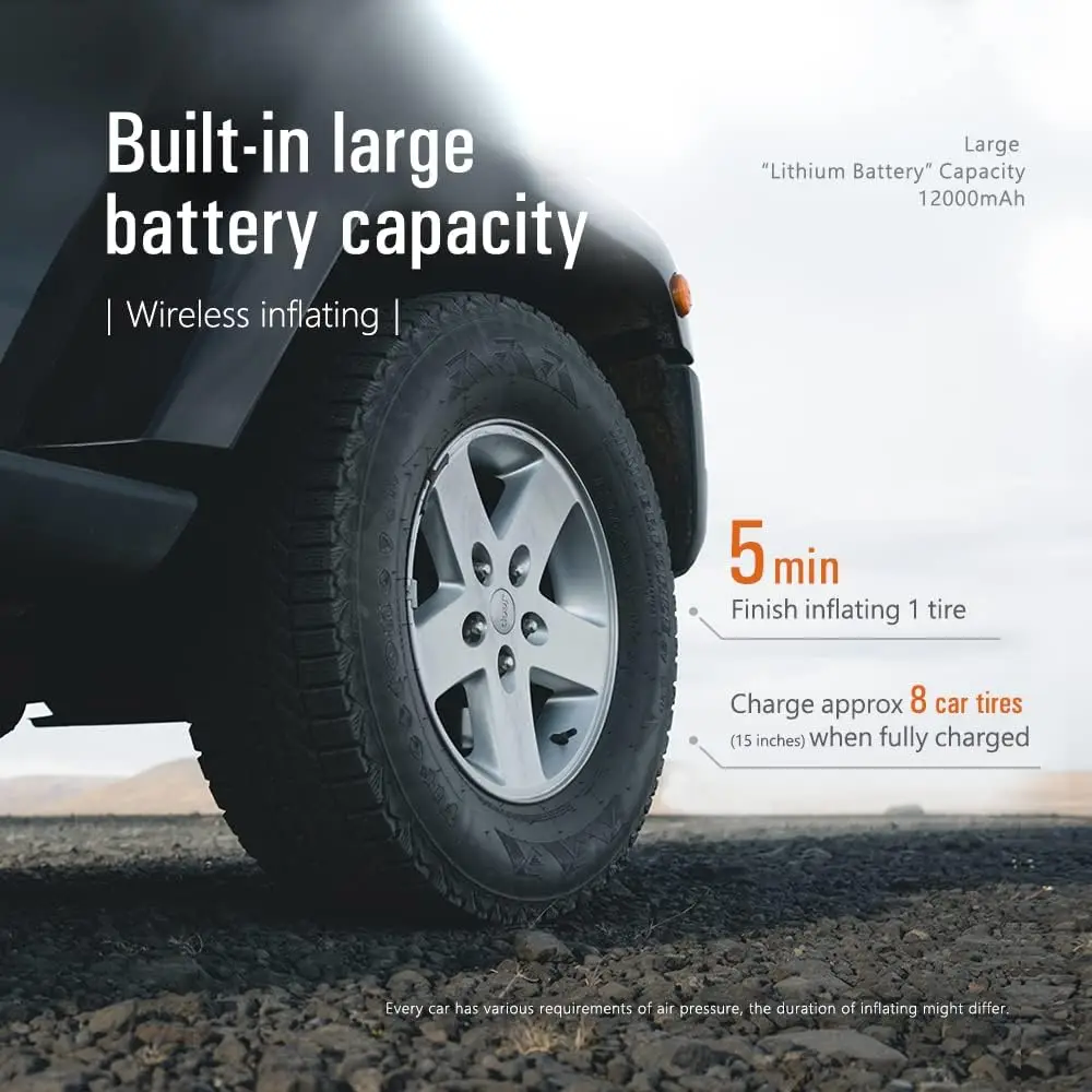 Compressor de ar portátil STP12 1200A com partida de salto, 12000mAh, inflador digital de 150 PSI, banco de potência para motores de gás 8L/5L