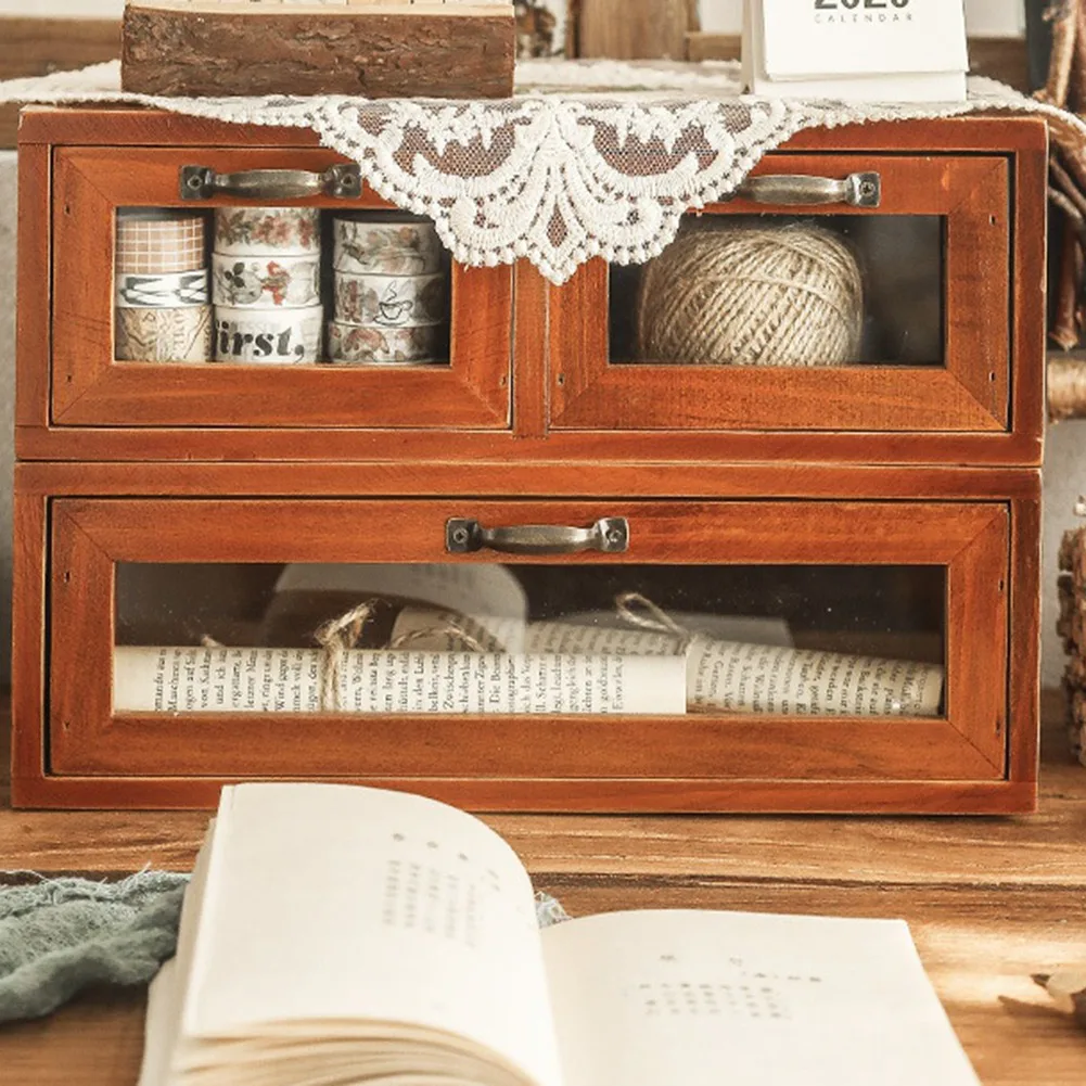 

Computer Monitor Heightened Office Wooden Desktop Storage Box Glass Drawer Dresser Wooden Box Retro Storage Drawer A