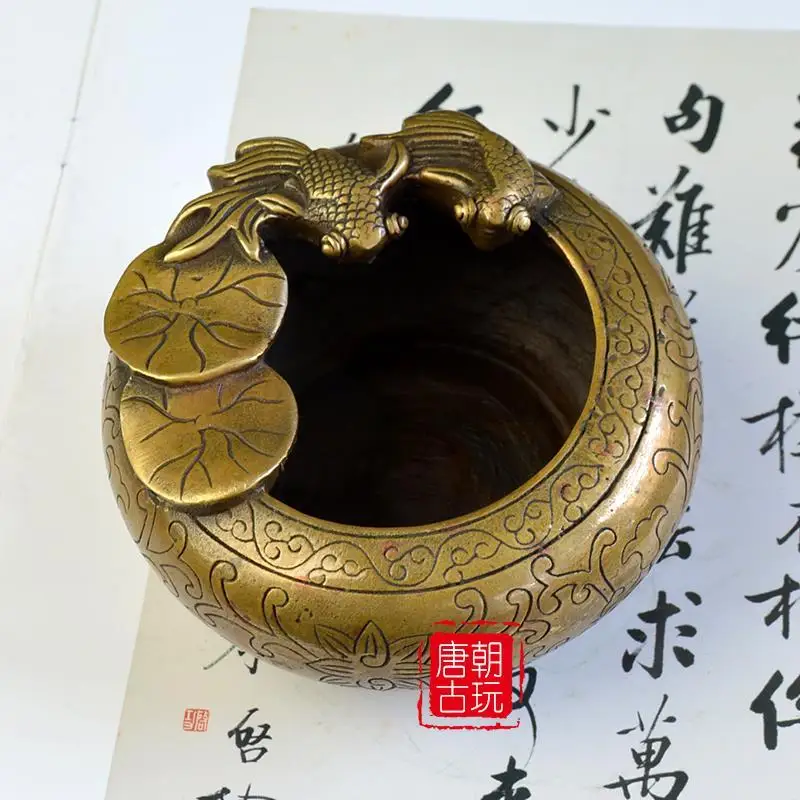 

Antique Bronze Copperware Study Supplies Yearly Surplus Brass Goldfish Pattern Brush Washer Heirloom Patina Ancient Collection