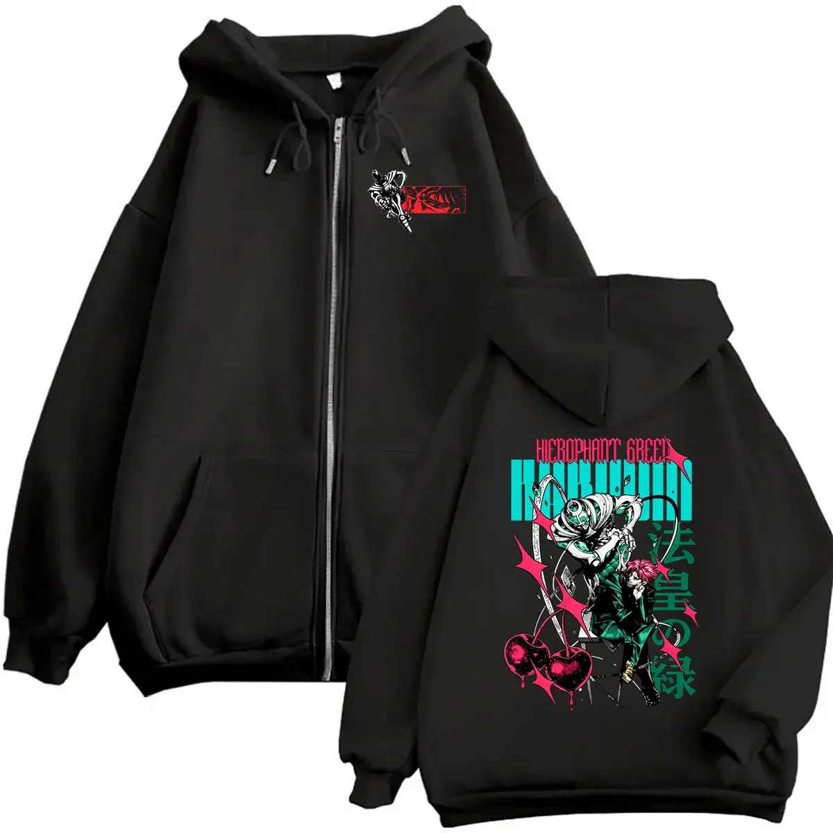 Anime Jojo Bizarre Adventure Zipper Hoodie 90s Manga Kakyoin Noriaki Zip Up Jacket Men Women Fashion Casual Oversized Streetwear