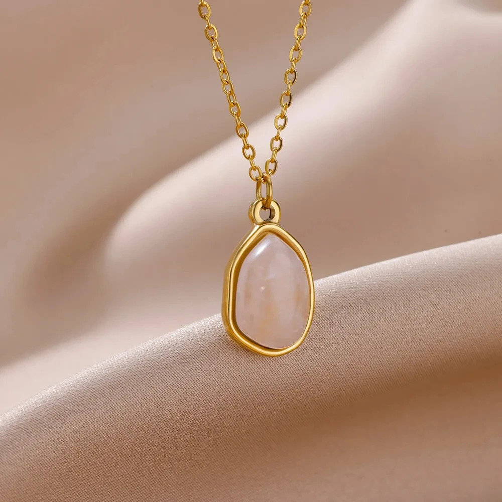 Fashion Stone Opal Oval Necklace For Women Stainless Steel Gold Color Green Stone Pendant Necklace Wedding Aesthetic Jewelry Gif