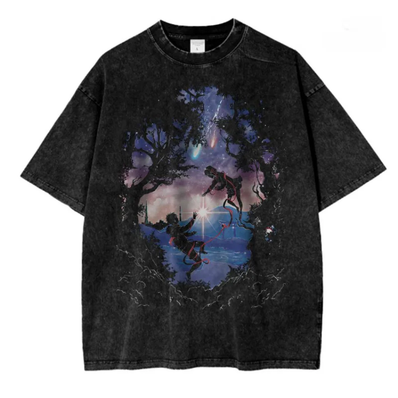 

Модные футболки с коротким рукавом и круглым вырезом, винтажные футболки с рисунком аниме «Твое имя», стираные футболки с кислотой, повседневные свободные топы унисекс с графикой Y2K, мужские