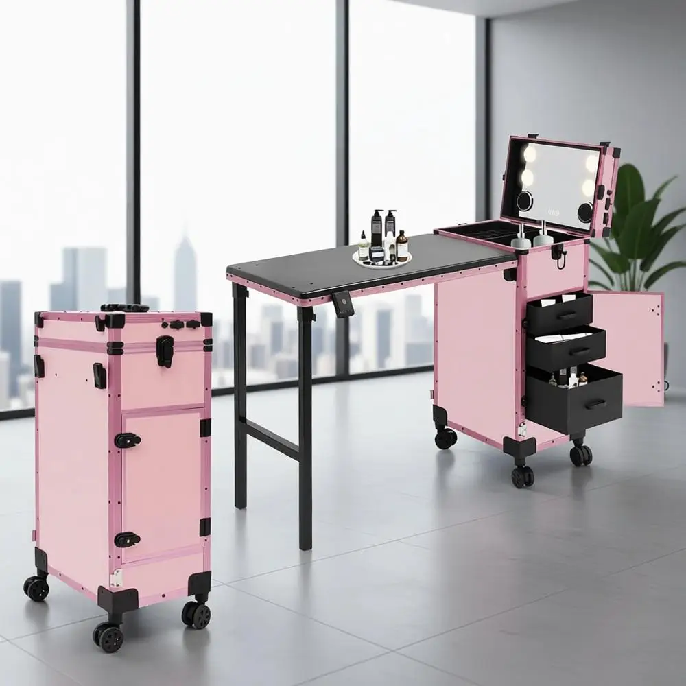

Portable Rolling Manicure Table with Adjustable Light and Storage, Traveling Nail Desk for Makeup and Cosmetics (Pink)
