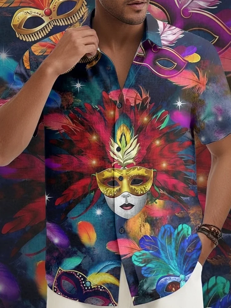 

Mardi Gras Carnival Mask Print Hawaiian Shirt Men's Vibrant Feather Festival Button-Down Holiday Elegant Tops Casual Loose Tunic