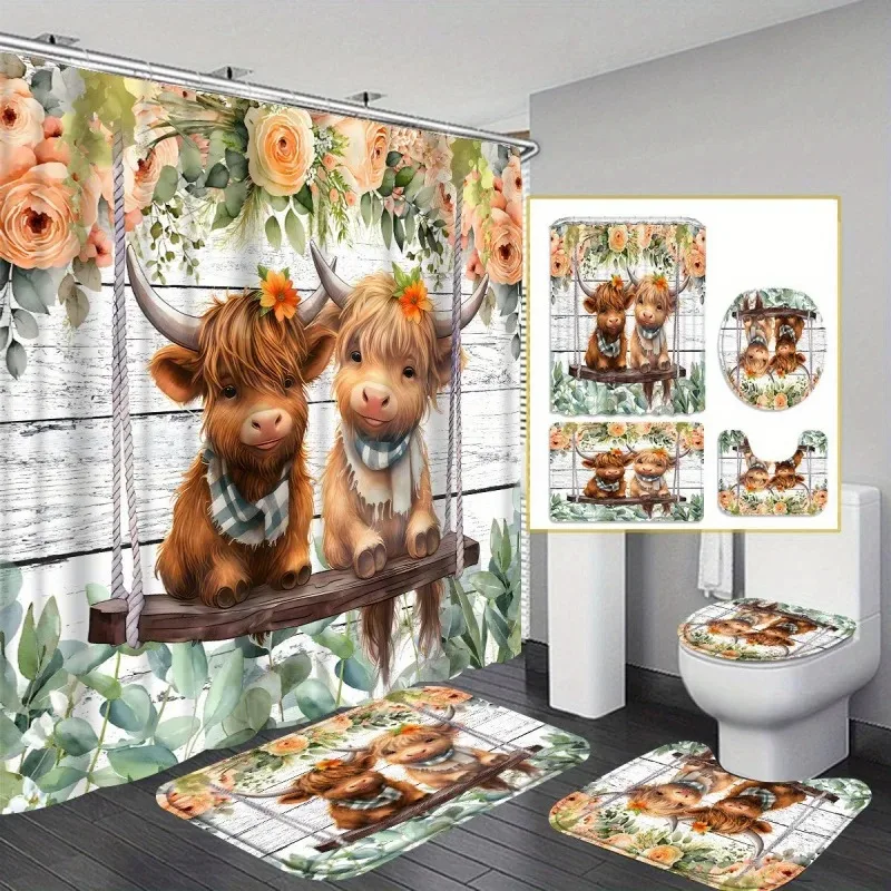 4pcs Wreath Calf Shower Curtain Gift Modern Home Bathroom Decoration Curtain and Toilet Floor Mat 4-piece Set with 12 Showe