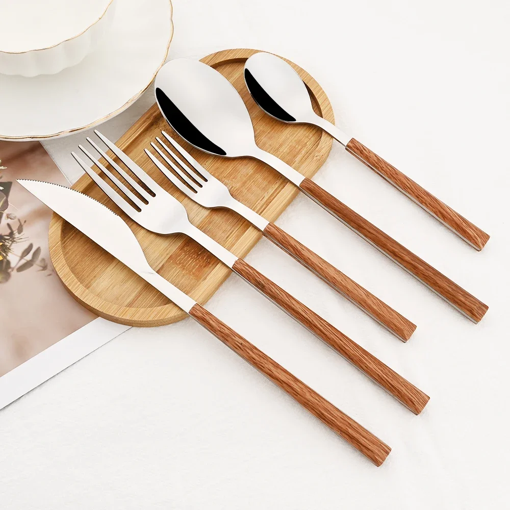 16/24/30Pcs Stainless Steel Imitation Wooden Handle Cutlery Set Dinnerware Clamp Western Tableware Knife Fork Tea Spoon