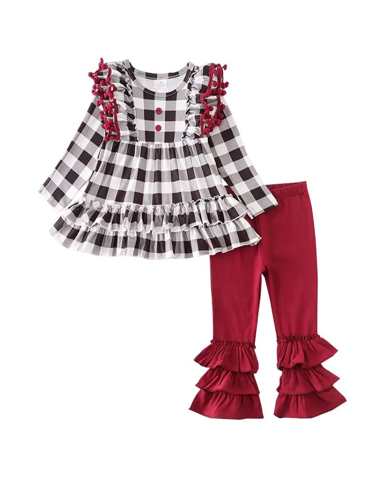 High Quality Kids Clothing Lattice Ruffle Long Sleeves Top Burgundy Bell Pants Baby Sets