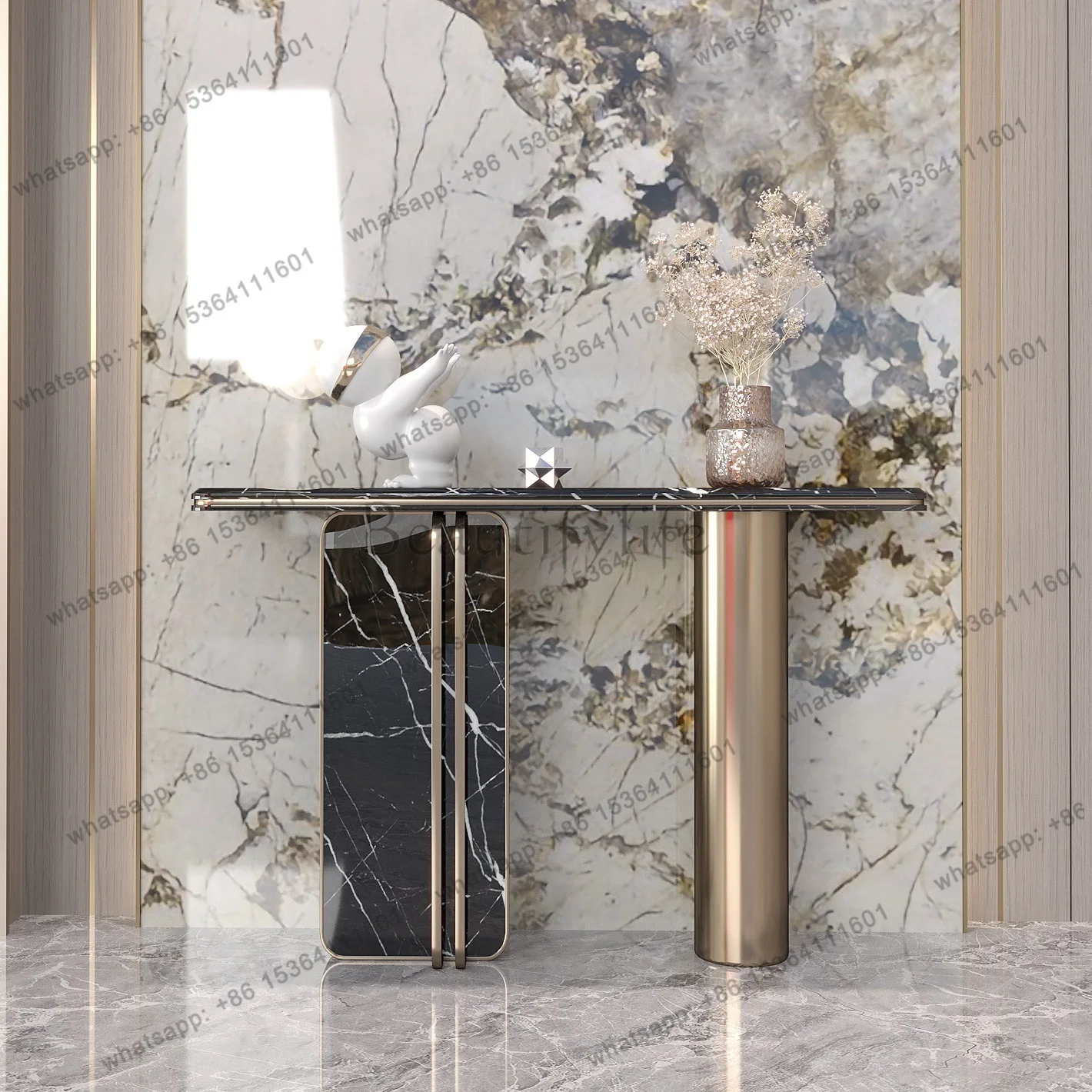 Italian Luxury Wall Console, Modern Quartz Entryway Table with Open Storage, Anti-Bacterial & Scratch Proof, Customizable