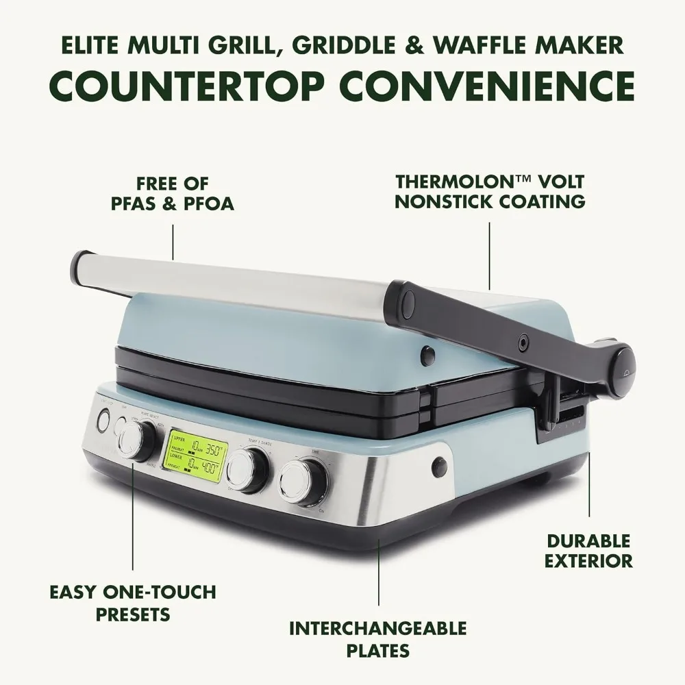 7-in-1 Multi-Function Contact Grill & Griddle, Adjustable Shade & Shear, Closed Press/Open Flat Surface,Blue Haze